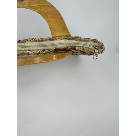 Vintage Woven Straw Raffia Handbag Wooden Handles Boho Tote Purse 70s 80s - Picture 5 of 11